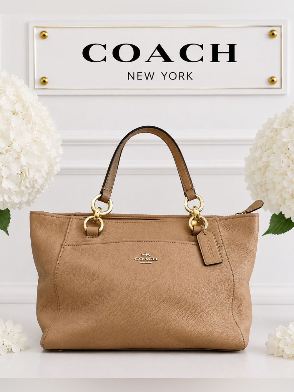 Coach Tan Leather Shoulder Bag with Gold Hardware Brooke Carryall w strap